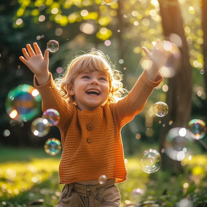 A candid portrait of a joyful child chasing and popping soap bubbles in a sunlit park, capturing the child's expressions of delight and wonder, with the vibrant greenery of the park and the iridescent soap bubbles catching the sunlight, during a bright spring afternoon, shot with a Sony A7R IV, 50mm f/1.4 lens, vibrant colors with a soft, dreamy background --v 6.0 --style raw