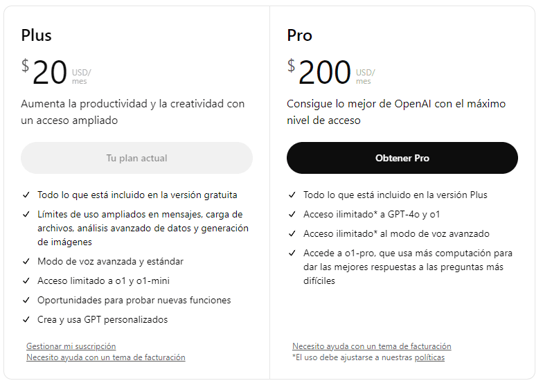 Pro $200 USD/mes - Consigue lo mejor de OpenAI con el máximo nivel de acceso