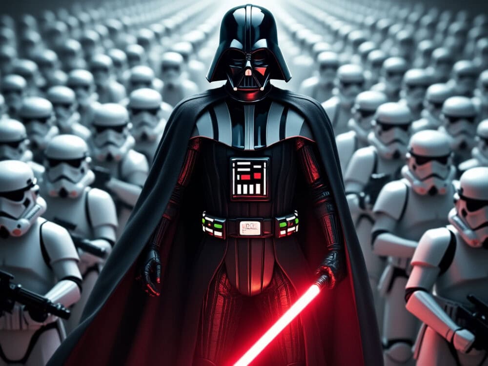 Darth Vader from Star Wars in front of a swarm of stormtroopers, lightsaber in hand, cinematic, dramatic lighting, Michael Bay style