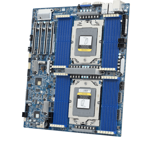 Placa base: Gigabyte MZ73-LM0 o MZ73-LM1. Queremos 2 zócalos EPYC para conseguir 24 canales de RAM DDR5 para maximizar el tamaño y el ancho de banda de la memoria.