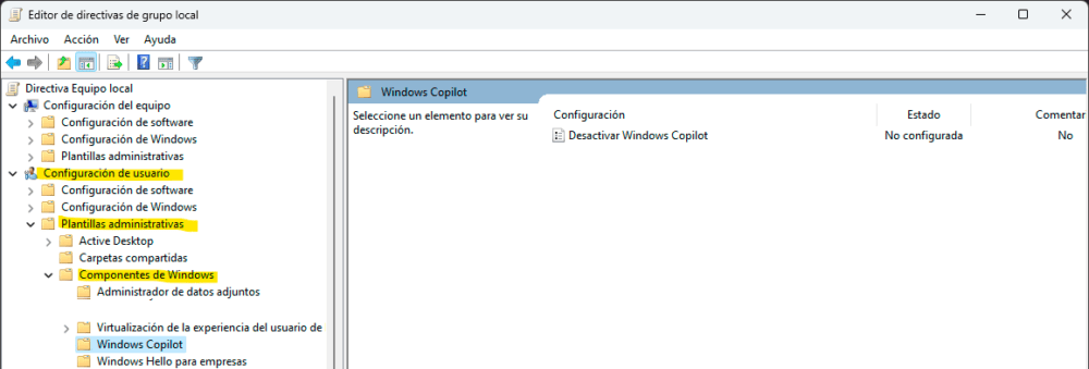 Tienes que navegar a Configuración de usuario > Plantillas administrativas > Componentes de Windows > Windows Copilot