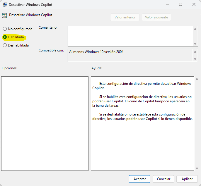 Habilitar desactivar Windows Copilot