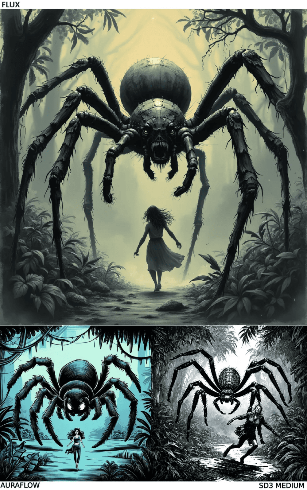 Prompt Decrypt.co: “Hand-drawn illustration of a giant spider chasing a woman in the jungle, extremely scary, anguish, dark and creepy scenery, horror, hints of analog photography influence, sketch.”