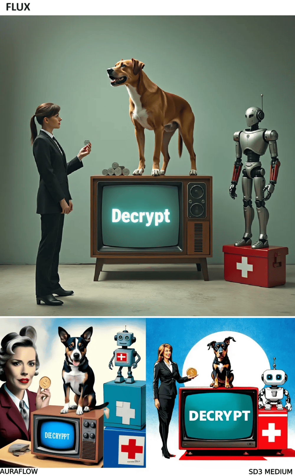 Prompt Decrypt.co: “A dog standing on top of a TV showing the word ‘Decrypt’ on the screen. On the left there is a woman in a business suit holding a coin, on the right there is a robot standing on top of a first aid box. The overall scenery is surreal.”