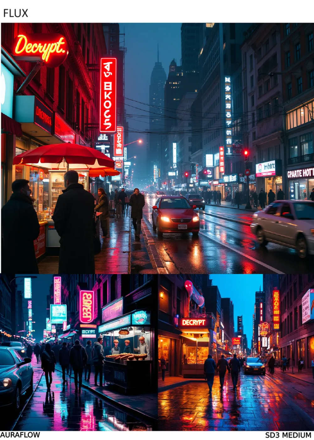 Prompt Decrypt.co: “A high-resolution photograph of a bustling city street at night, neon signs illuminating the scene, people walking along the sidewalks, cars driving by, a street vendor selling hot dogs, reflections of lights on wet pavement, the overall style is hyper-realistic with attention to detail and lighting, a neon sign says ‘Decrypt.’”