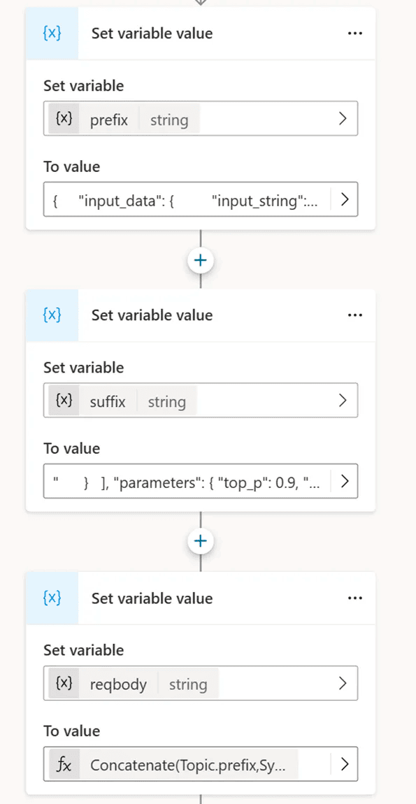 Añade una variable Prefix, Suffix y body concatenando el prefijo y el sufijo con la entrada del usuario para crear el Json.