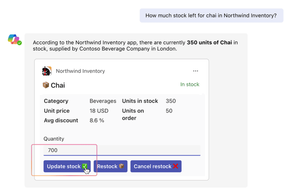 Este plugin gestiona un inventario de productos, que Copilot busca en los datos del inventario y muestra los resultados en Adaptive Card, donde permite al usuario modificar los datos.