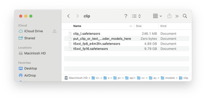 Técnicamente no necesitas los codificadores de texto de 9,79GB y 4,89GB. Pero la versión actual del script descarga ambos, aunque el flujo de trabajo por defecto utiliza el más grande (t5xxl_fp16.safetensors).