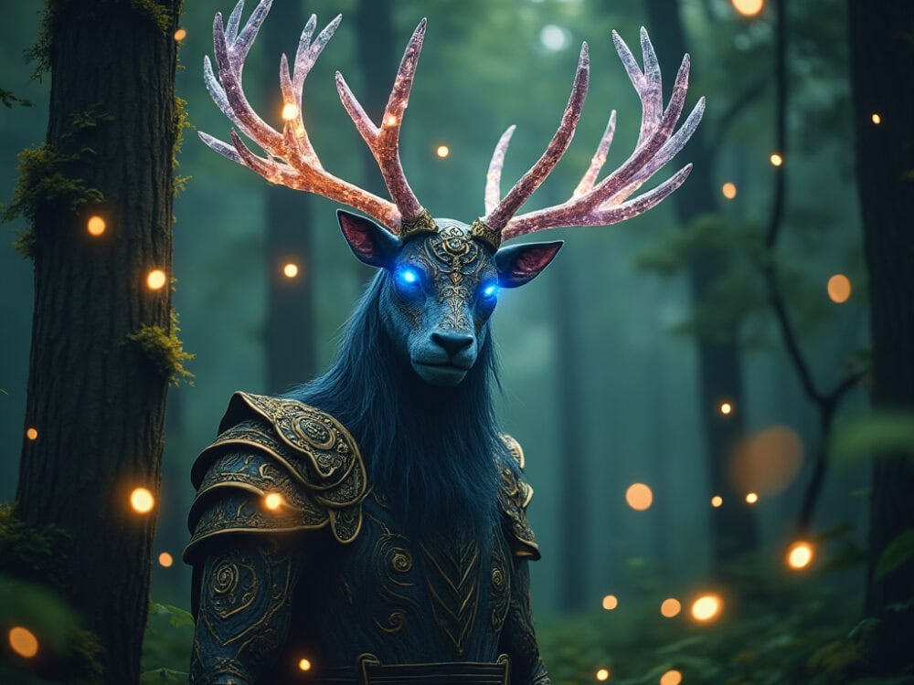 mystical forest guardian with crystal antlers, glowing rune skin, in a dense enchanted forest, alive trees, fireflies like stars, Wes Anderson style, warm tones, soft lighting, Canon EOS-5D Mark III, Sigma Art lens'