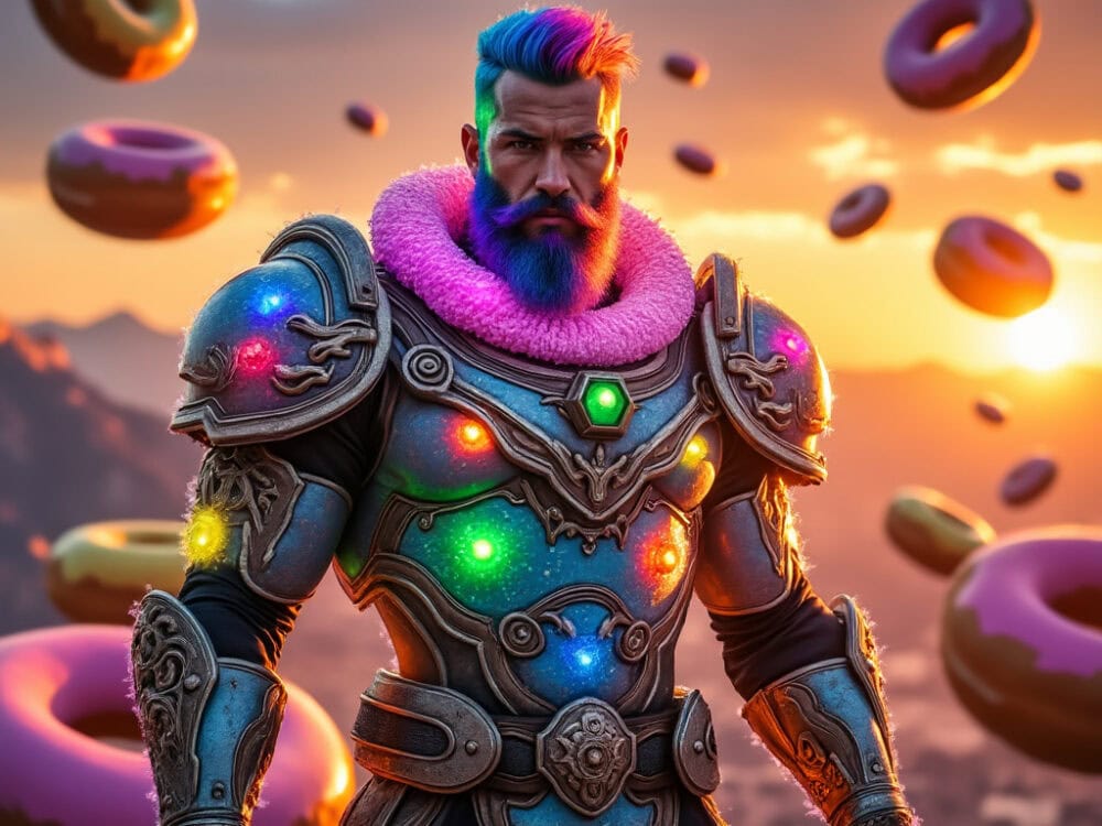 handsome man with rainbow-colored hair and beard, wearing glowing bubble wrap armor, Warcraft movie style, on floating island of giant donuts at sunset, symmetrical, James Cameron style, photorealistic movie