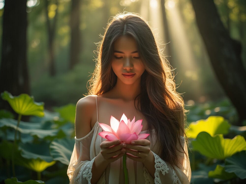 A woman with long flowing hair standing in a peaceful forest clearing, holding a single blooming lotus flower in her hands. Sunlight streams through the canopy above, casting dappled light on the forest floor and her serene face. High-definition photography style, in the style of a professional photographer