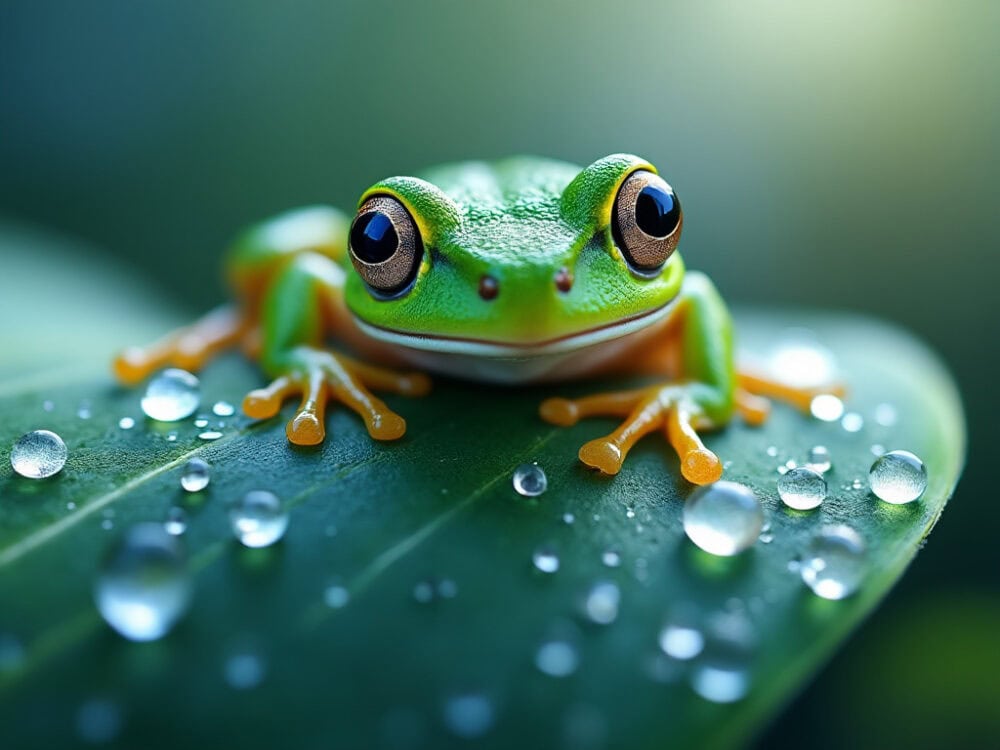 A tiny frog resting on a dewdrop-covered leaf, its eyes sparkling like jewels. The delicate droplets glisten in the early morning light, creating a halo of soft light around the frog. Soft pastel blues and greens, bokeh effect, macro photography, high resolution, hyper-realistic, cinematic, natural lighting'