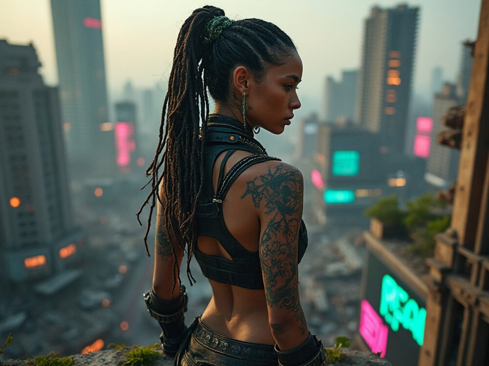 Cinematic still of a post-apocalyptic scavenger with bioluminescent tattoos and dreadlocks adorned with metallic beads, wearing a patchwork of leather and tech armor. She stands atop a ruined skyscraper, surveying a city overrun by nature and neon graffiti. Warm tones and soft lighting, shot with Canon EOS-5D Mark III, high resolution, hyper-realistic