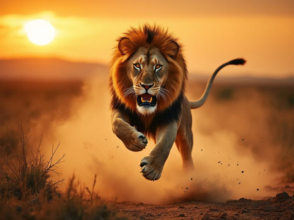 Powerful lion leaping through the air to catch its prey, muscles tensed and claws extended, with a backdrop of the African savannah at sunset. Dust and debris swirl around the scene. Fiery oranges and deep shadows, a bokeh effect, high resolution, hyper-realistic, cinematic, natural lighting, with a sense of raw power and grace