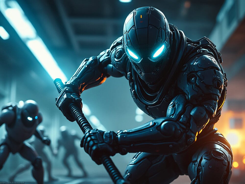 A genetically enhanced super-soldier, with glowing eyes and a high-tech sword, battling a swarm of robotic drones in a high-security facility. Cinematic, with dramatic lighting, in the style of Michael Bay