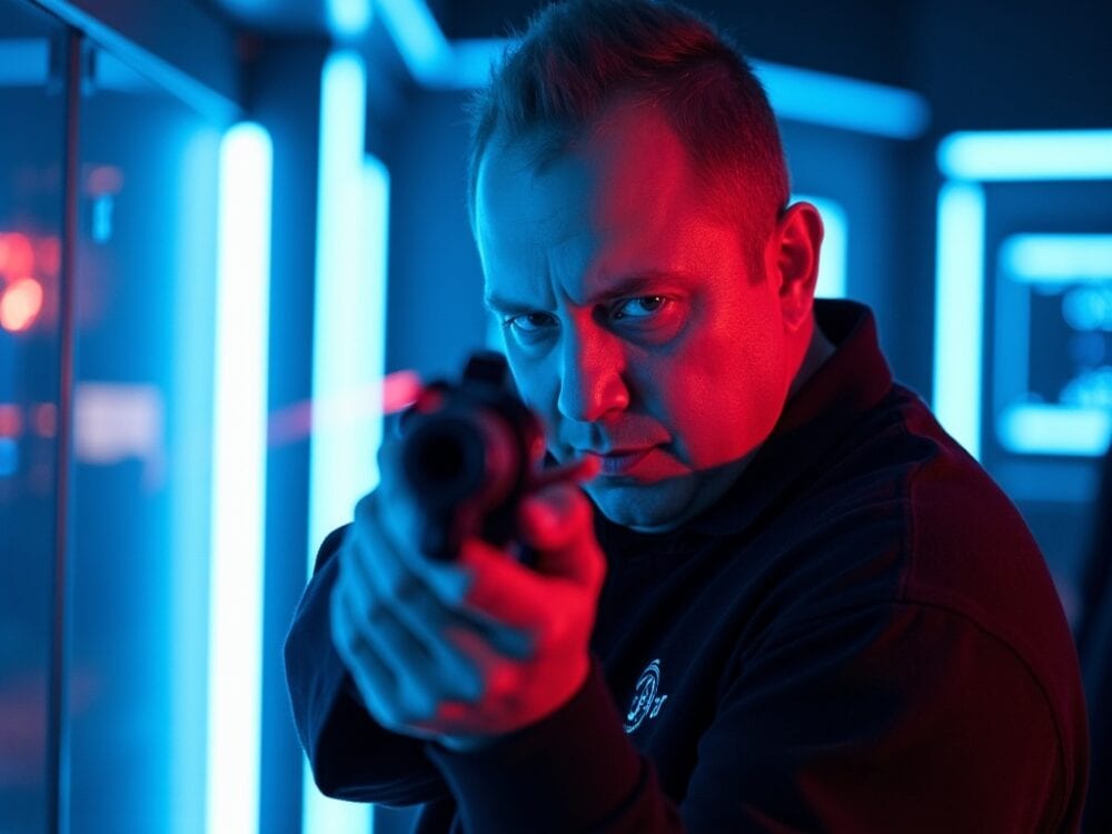 PROMPT: RAUTEN holding a futuristic laser gun, aiming directly at the viewer | neon-lit cyberpunk environment | intense facial expression | glowing blue lights and tech panels in the background | cinematic action scene | vibrant color contrast | photorealistic