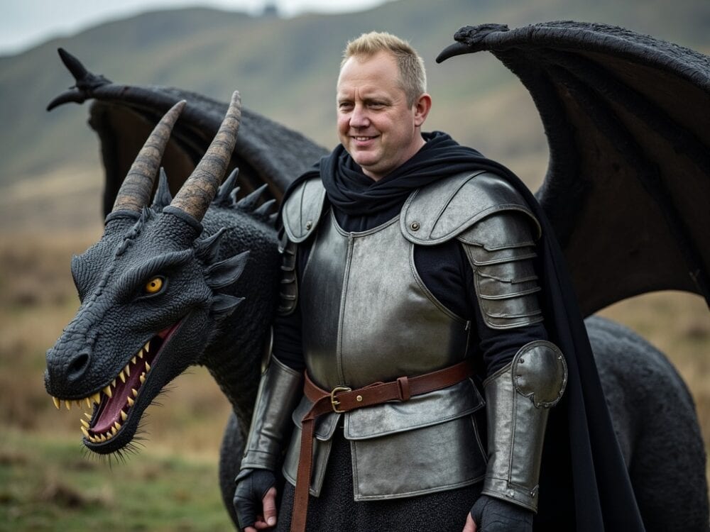 PROMPT: portrait shot of a man RAUTEN with dragon wearing a medieval armor | Game Of Thrones shot | preparing for the battle | castle