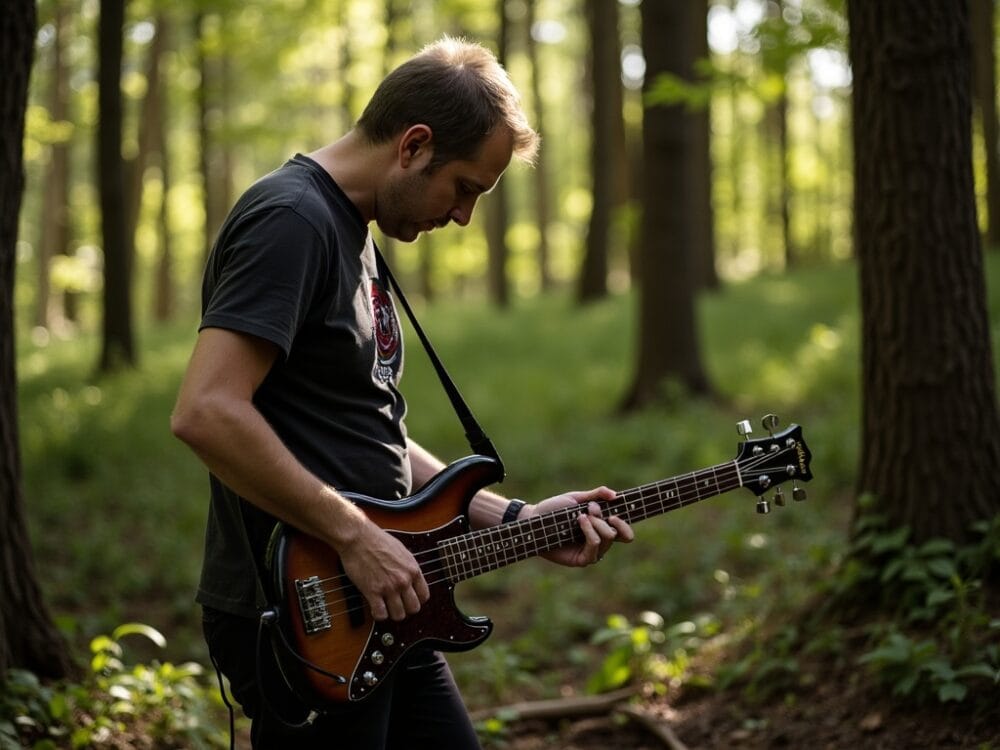 PROMPT: RAUTEN music passionate playing bass at forest scenario | daylight | HD action wide shot photography