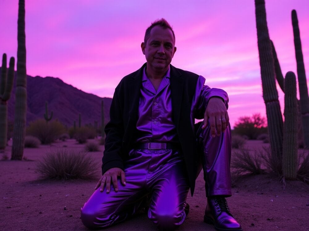 PROMPT: Fashion editorial photography, RAUTEN man wearing metallic purple and black pants with long sleeves, sitting in the desert at dusk, purple sky,  surrounded by  iridiscent cacti, with ethereal lighting,  cinematic feel, and bold, vibrant colors