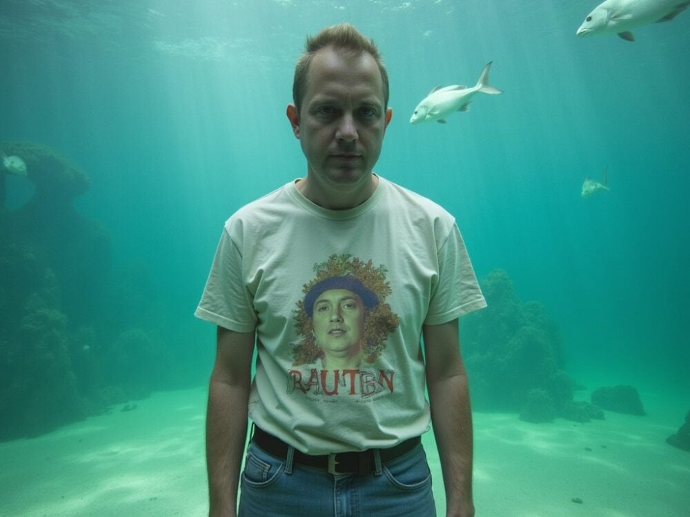 PROMPT: underwater portrait of RAUTEN, faded band t-shirt, vintage jeans, neutral expression | psychedelic indie vibe | muted pastel colors | lo-fi retro aesthetic | underwater aquarium