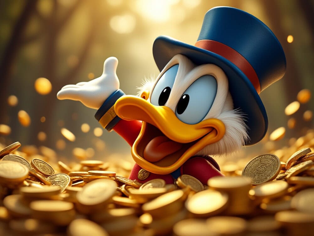 Scrooge McDuck surrounded by golden coins, bokeh effect, high resolution, hyper-realistic, cinematic, natural lighting, raw power and grace