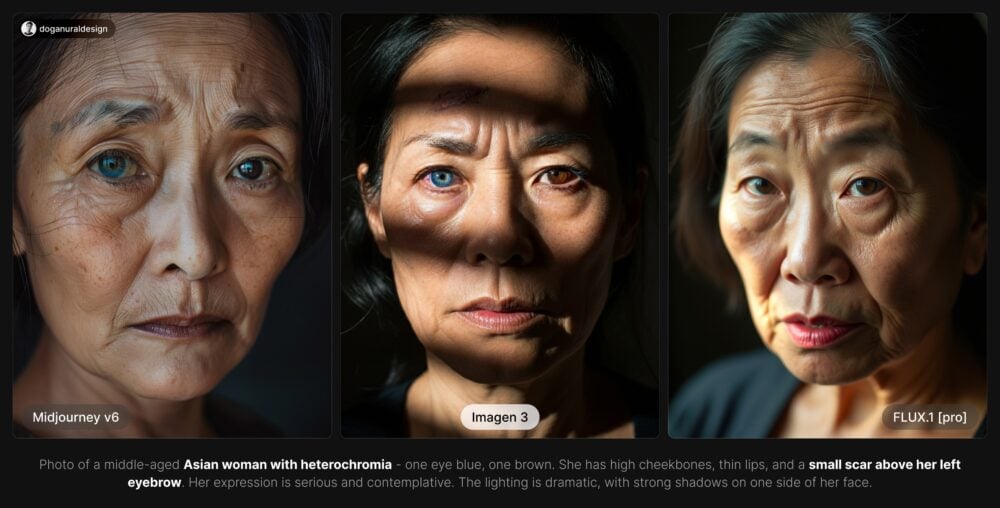 PROMPT: Photo of a middle-aged Asian woman with heterochromia - one eye blue, one brown. She has high cheekbones, thin lips, and a small scar above her left eyebrow. Her expression is serious and contemplative. The lighting is dramatic, with strong shadows on one side of her face.
