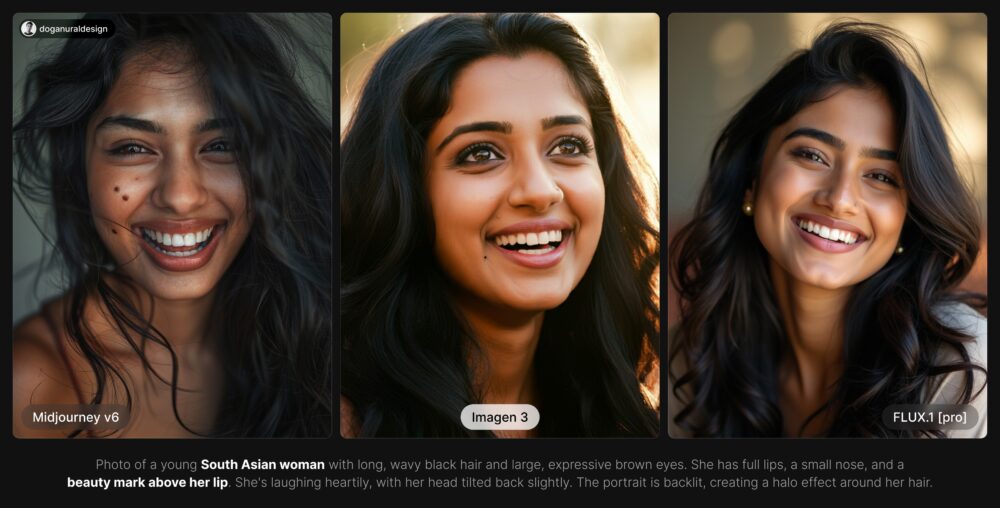 PROMPT: Photo of a young South Asian woman with long, wavy black hair and large, expressive brown eyes. She has full lips, a small nose, and a
beauty mark above her lip. She's laughing heartily, with her head tilted back slightly. The portrait is backlit, creating a halo effect around her hair.