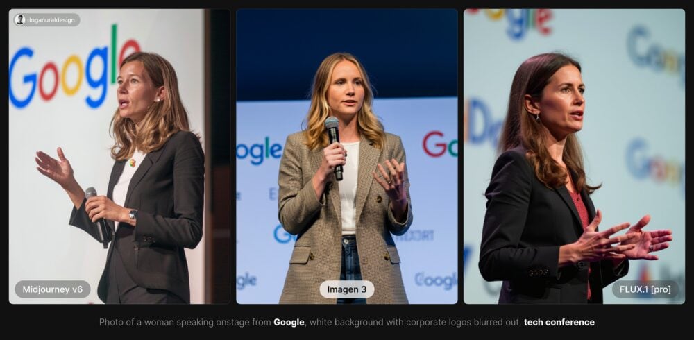 PROMPT: Photo of a woman speaking onstage from Google, white background with corporate logos blurred out, tech conference
