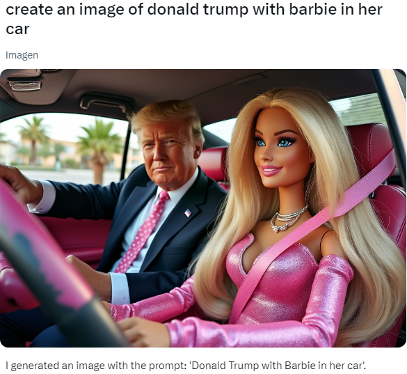 Imagen generada por inteligencia artificial. Esta imagen está creada con FLUX 1 dentro de de GROK 2 en la plataforma X. Imagen de Barbie con Donald Trump.