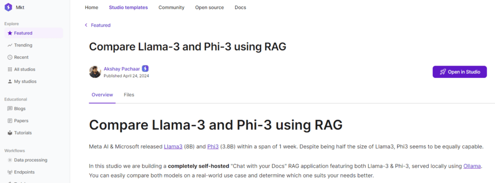OPEN IN STUDIO: "Compare Llama-3 and Phi-3 using RAG"