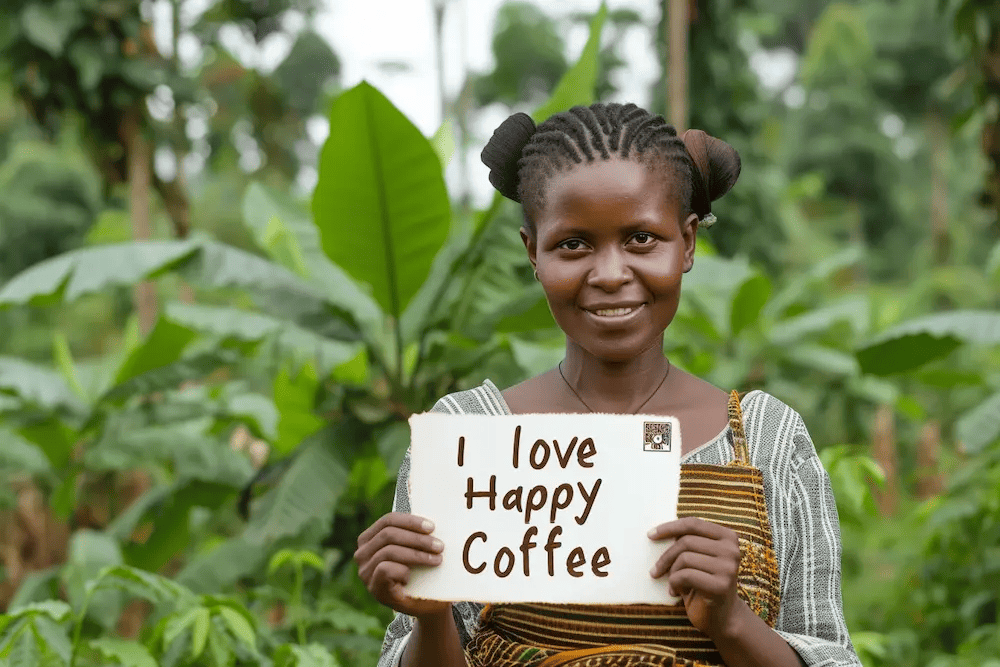 Photo of a coffee farmer woman in Ethopia holding a piece of paper stamped with the text "I love Happy Coffee" --style raw --ar 3:2