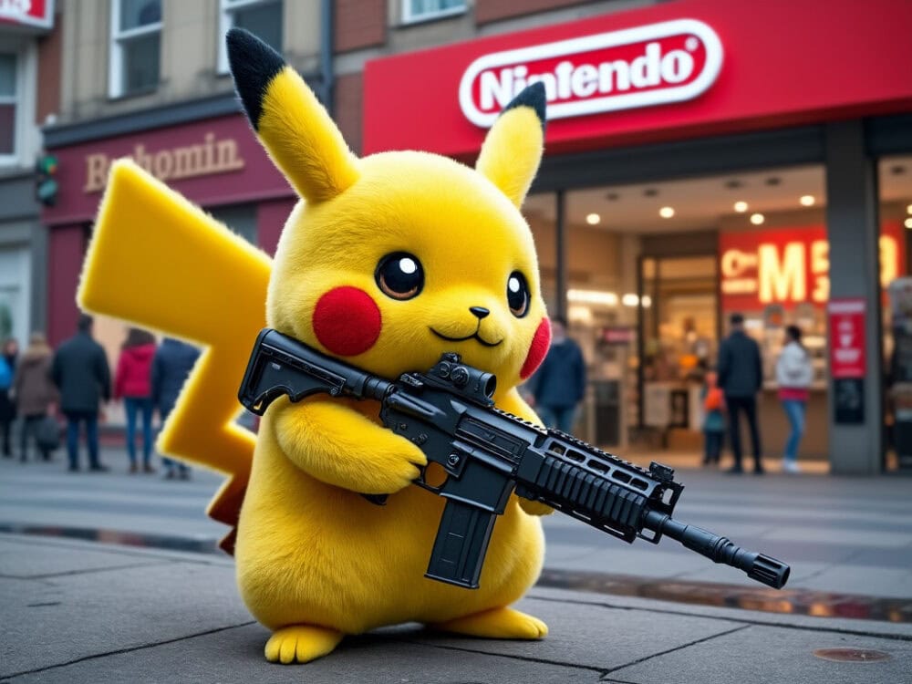 Pikachu in front of a Nintendo store with a machine gun