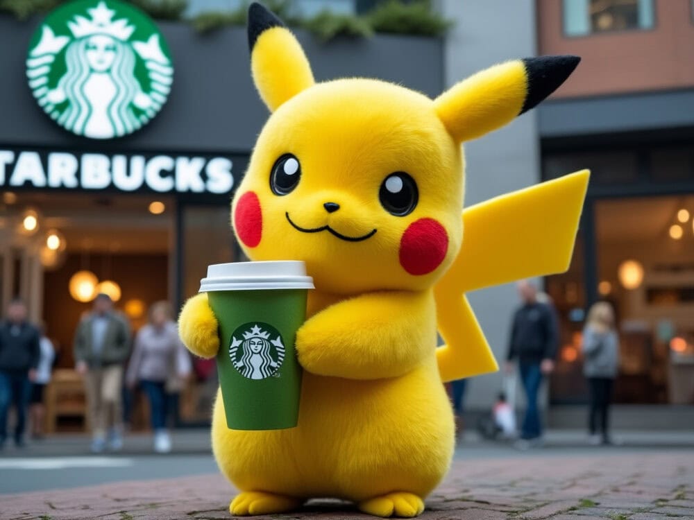 Pikachu in front of a Starbucks holding a matcha tea cup from Starbucks