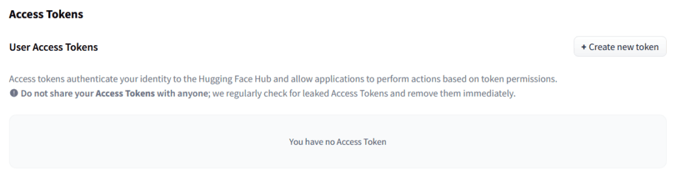 Ahora hace falta el token de acceso de Huggingface. Para ello hay que crear una cuenta en Huggingface (no hace falta introducir forma de pago) y en SETTINGS, selecciona ACCESS TOKENS. Crea un nuevo token.