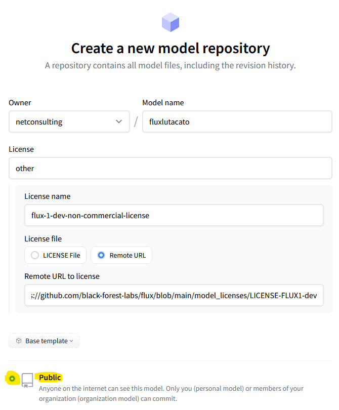 Creamos el modelo en Huggingface como público