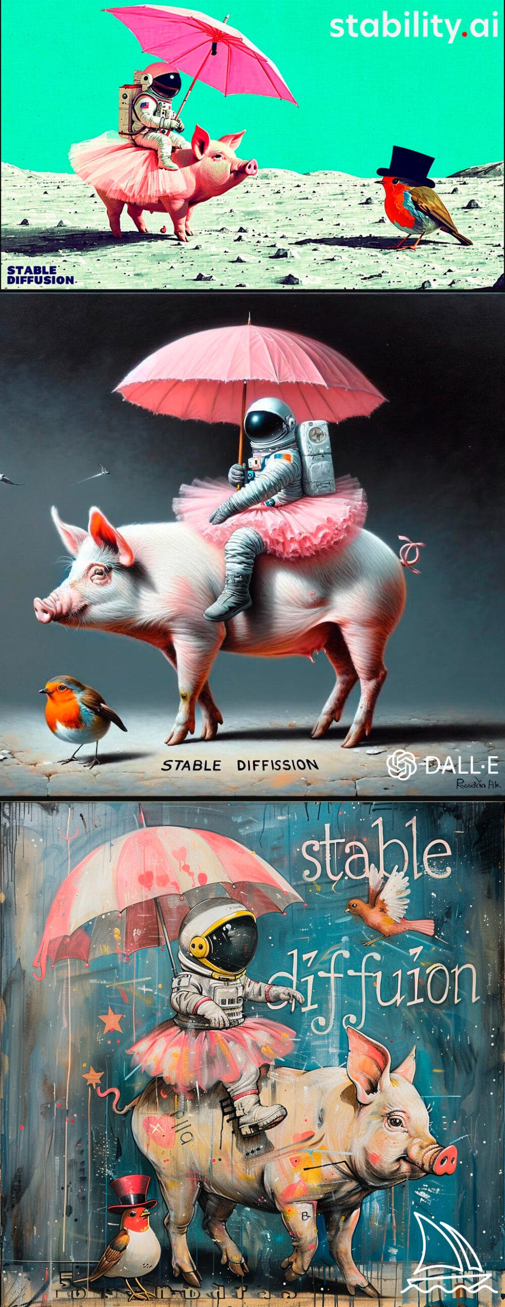 La imagen tiene un atributo ALT vacío; su nombre de archivo es stable-diffusion-3-comparativa-cerdo-astronauta-1000x2584.jpg
Prompt: a painting of an astronaut riding a pig wearing a tutu holding a pink umbrella, on the ground next to the pig is a robin bird wearing a top hat, in the corner are the words "stable diffusio