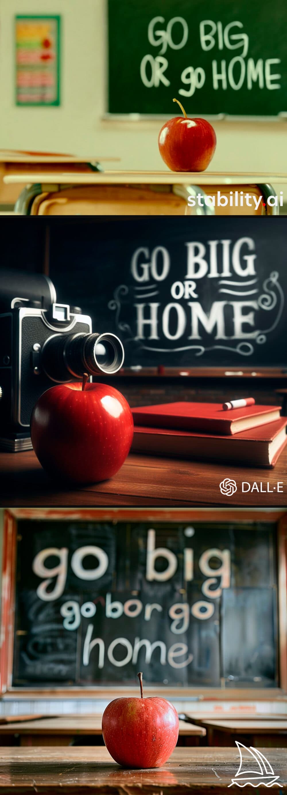 Prompt: cinematic photo of a red apple on a table in a classroom, on the blackboard are the words "go big or go home" written in chalk