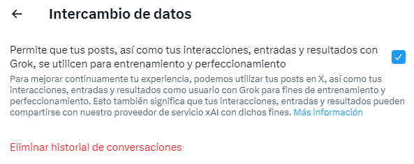 Permite que tus posts, así como tus interacciones, entradas y resultados con Grok, se utilicen para entrenamiento y perfeccionamiento